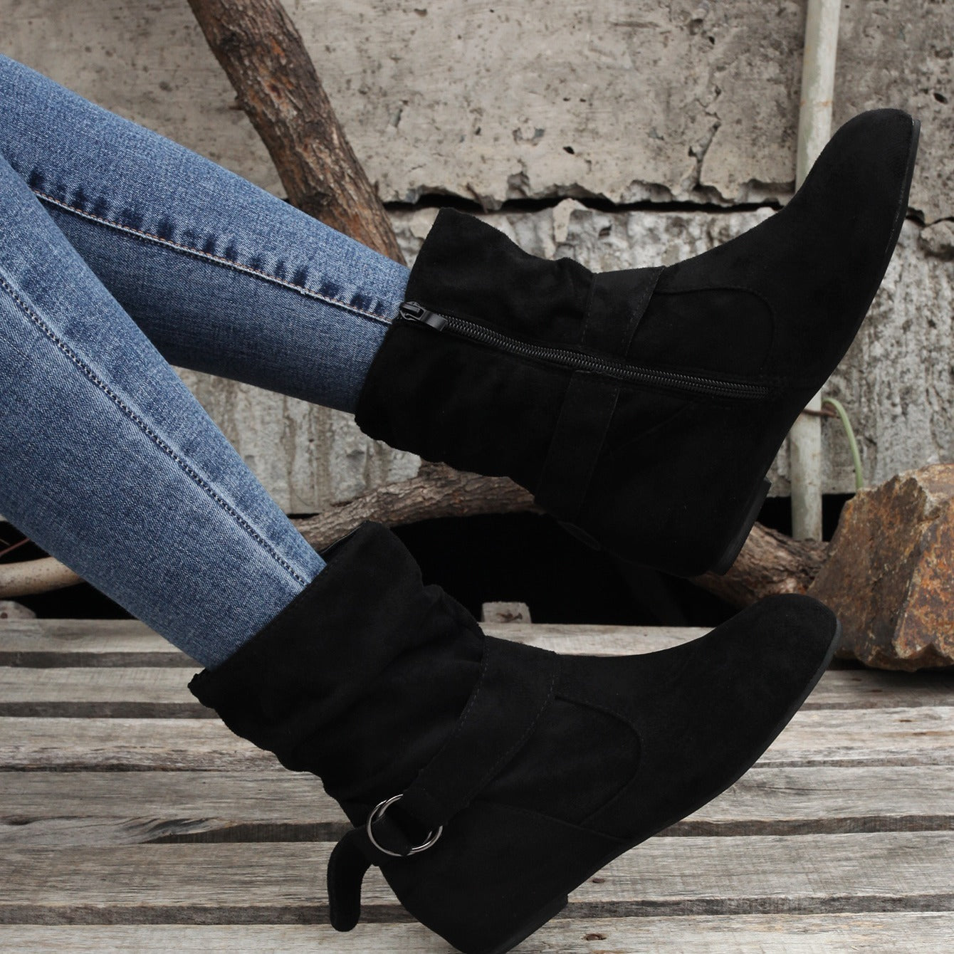 Ankle Boots  Round Toe Buckle Belt Side Zipper Boots
