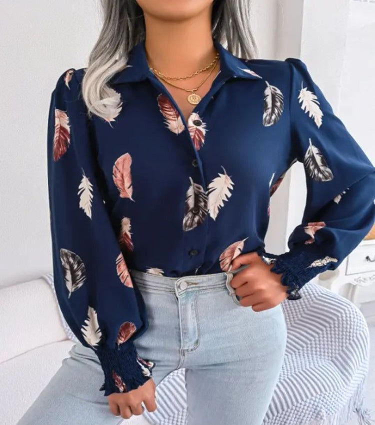 Women's Autumn Winter Feather Print Blouse Shirt
