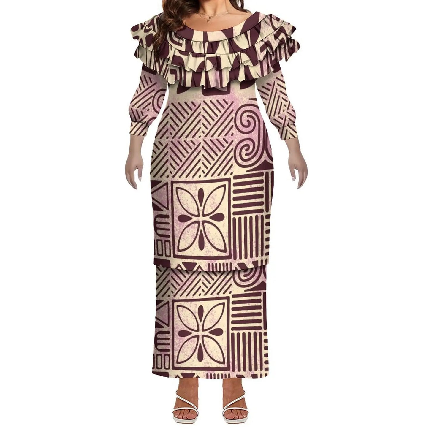 Plus Size Women Hawaiian Print Full Sleeve Long Dress