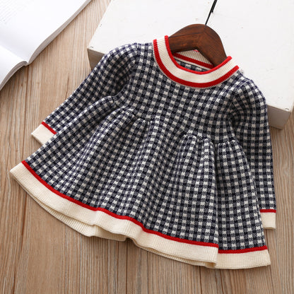 Girls' Knitted Plaid Sweater Dress for Children