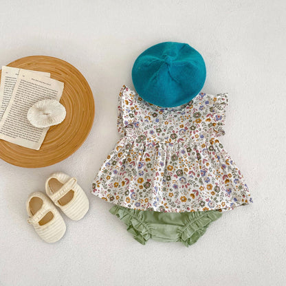 Floral Flying Sleeve Top & Shorts Set for Baby Girls