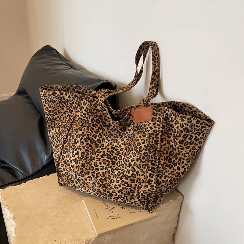 Leopard Print Large Capacity Canvas Tote Handbag