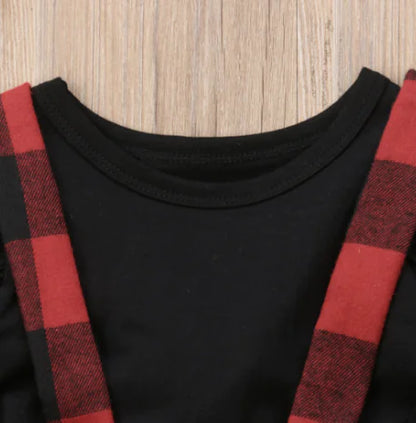 Black Long Sleeve Plaid Pinafore Dress Set for Girls