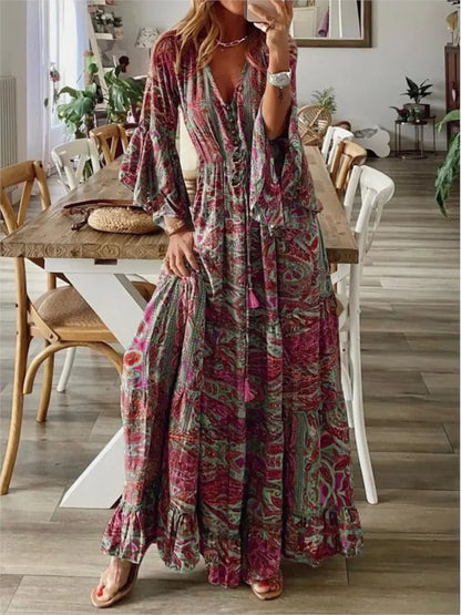 Bohemian Beach Maxi Dress with Floral Print for Women