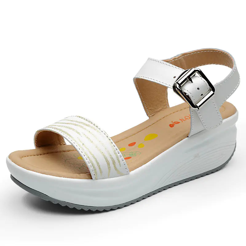 Leather Wedge Mid-Heel Sandals with Thick Soles