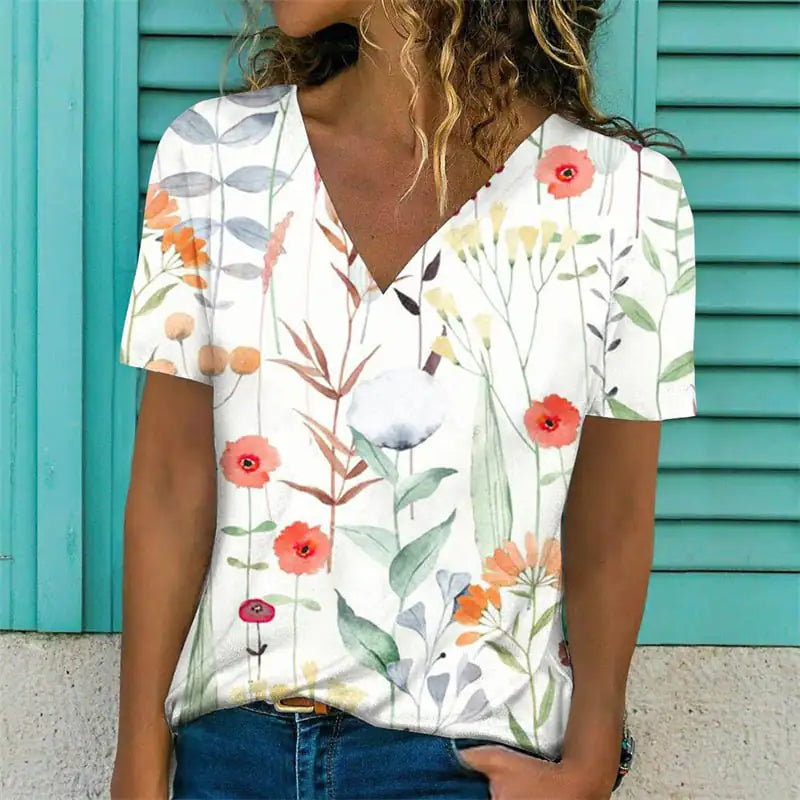 Women's V-Neck Short Sleeve Flower Print T-Shirt