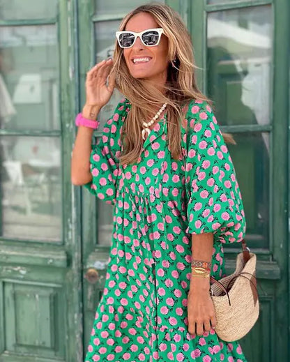 Women's Boho Floral Maxi Dress with Drawstring V Neck