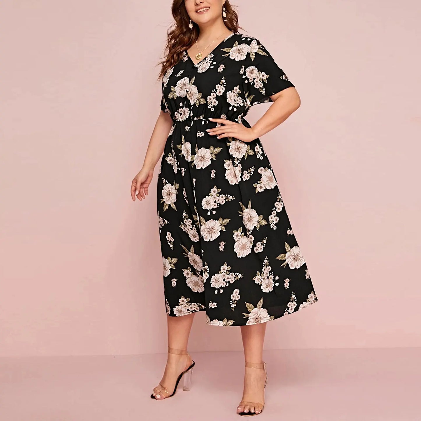 Plus Size Floral Print V-Neck Short Sleeve Dress