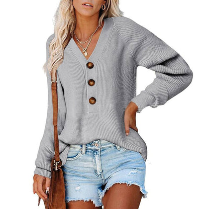 New Button Knitted V-Neck Sweater for Women