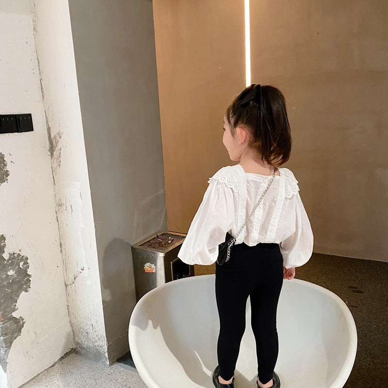 Long Sleeve Lace Top, Puff Sleeve Autumn Blouse for Girls
