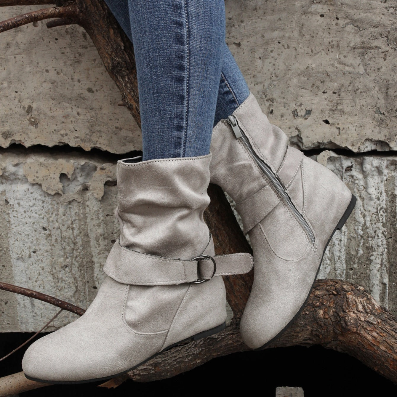 Ankle Boots  Round Toe Buckle Belt Side Zipper Boots