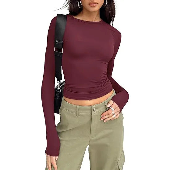 Women T-shirt Long Sleeve Crew Neck Solid Slim Fit Tee  Crop Top