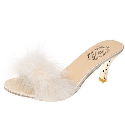 Ladies Plush High-Heeled Slippers and Sandals