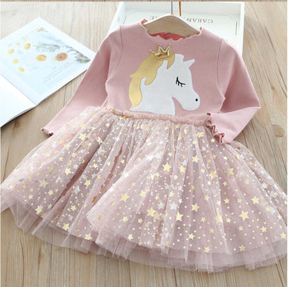 Girl's Long Sleeve Dress with Crown & Unicorn Design