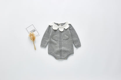 Leaf Collar Knit Long Sleeve Jumpsuit for Baby Girls