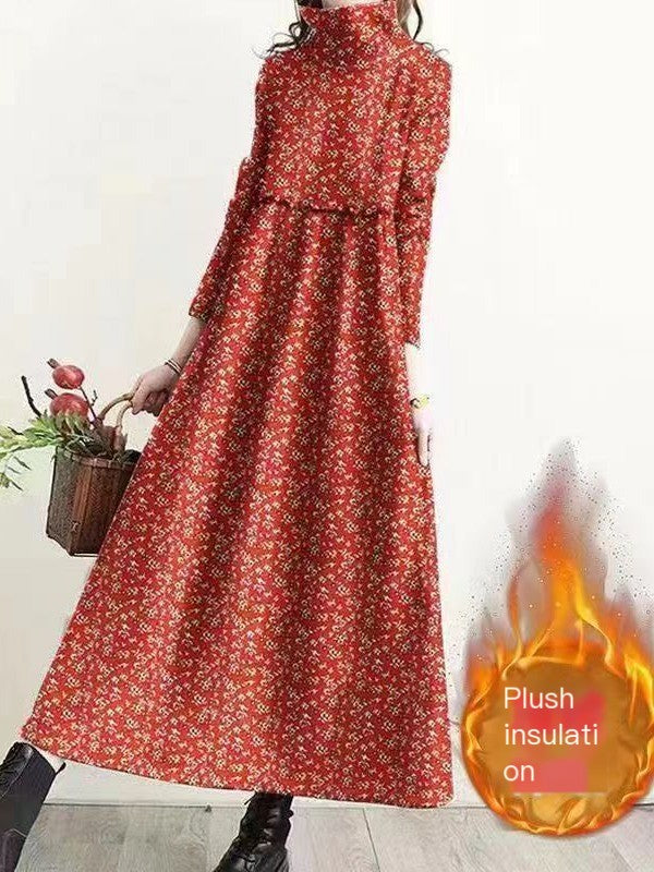 Retro Floral Turtleneck Dress for Women