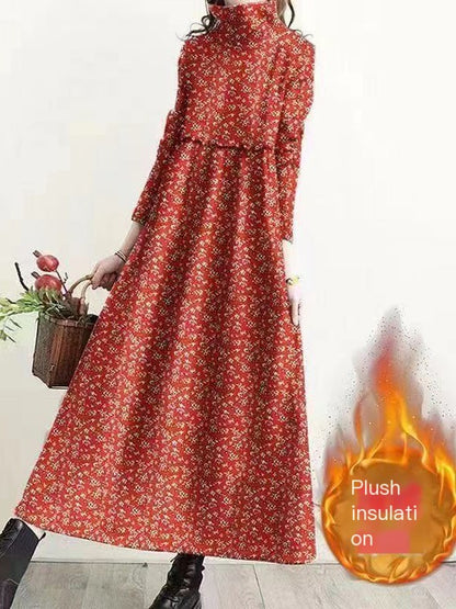 Retro Floral Turtleneck Dress for Women