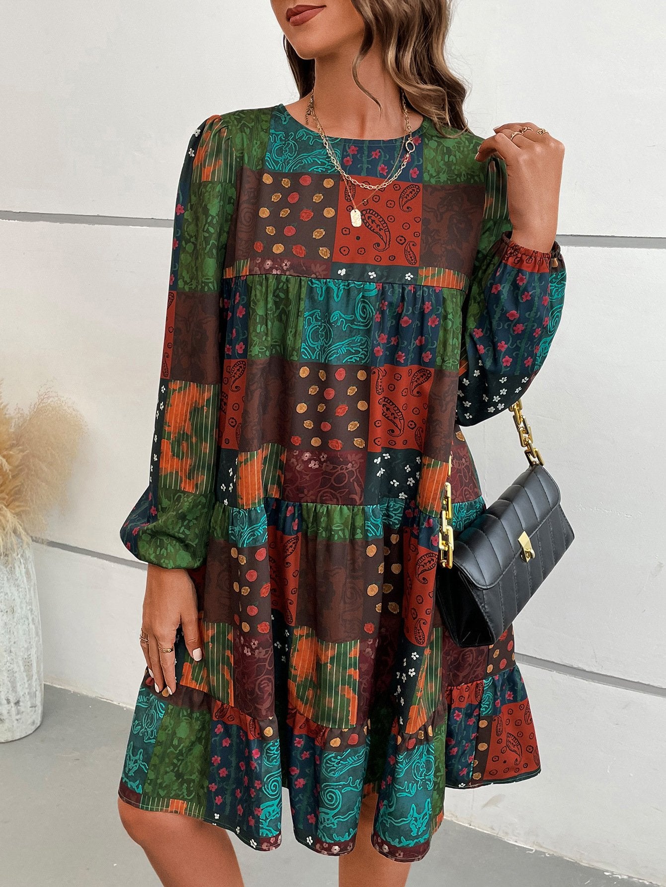 Round Neck Casual Long Sleeve A-Line Printed Dress