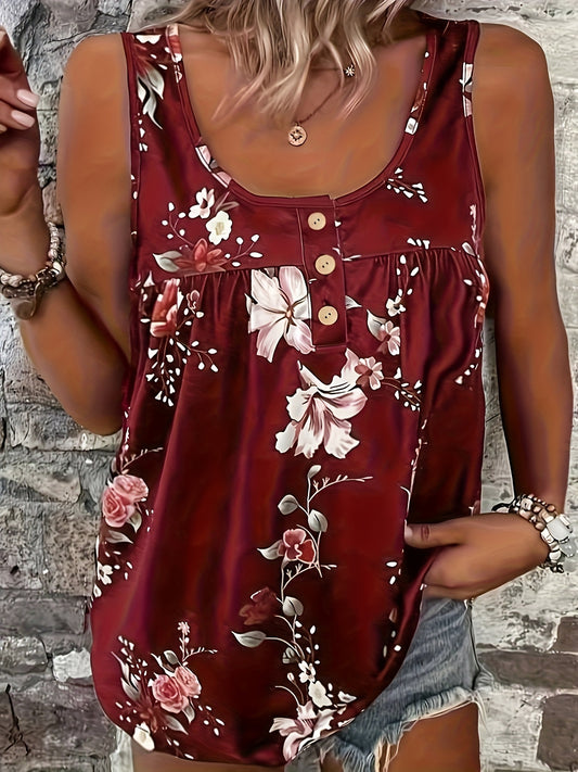 New Plus Size Women's Casual Floral Print Round Neck Tank Top