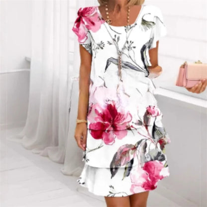 Chiffon Summer Short Sleeve O-Neck Print Loose Party Dresses