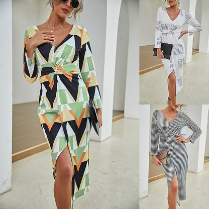 V-neck Long Sleeve Split Dress