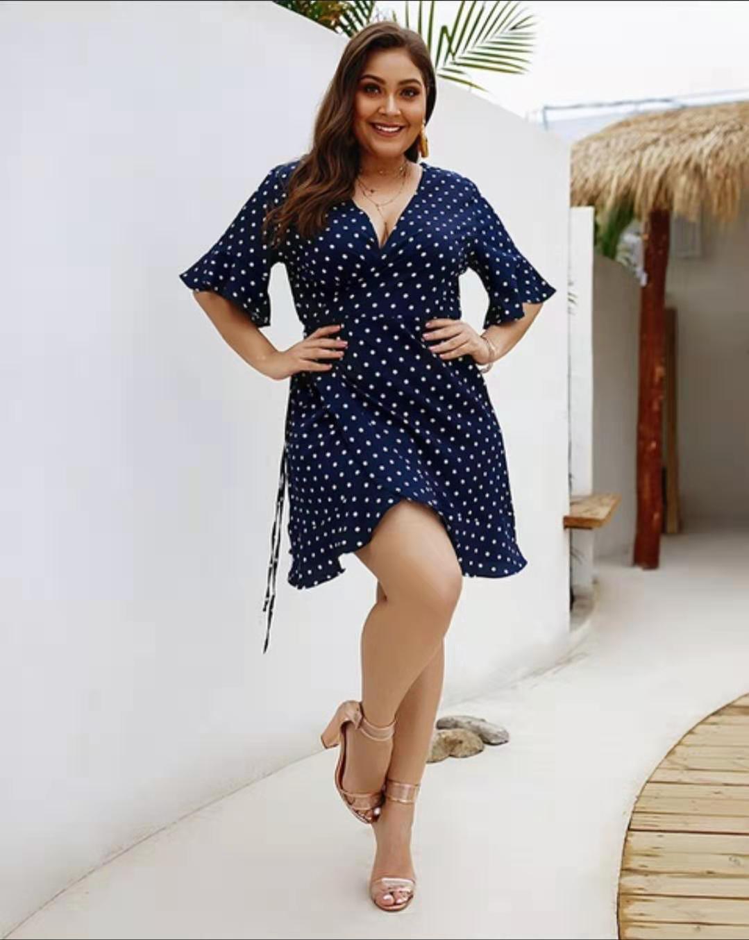 Women's  V-Neck Polka Dot Plus Size  Dress