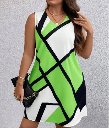Geometric Print Fashion V-Neck Sleeveless Dress - Trendy Attic Store01