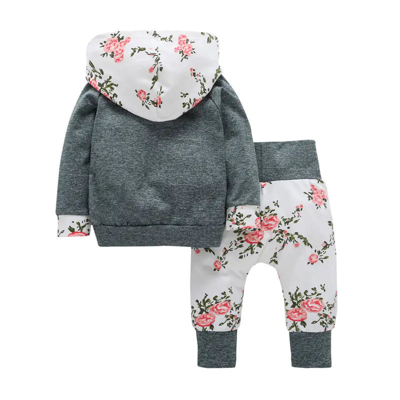 Floral Hooded Two-Piece Set for Baby Girls