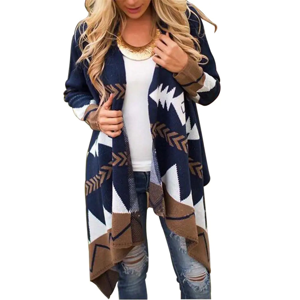 Geometric Print Long Knit Cardigan for Women