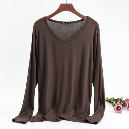 Ladies Plus Size V-neck Candy Color Long-sleeved Top