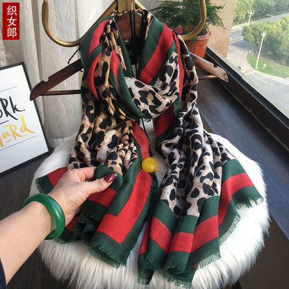 Women's Cotton Linen Leopard Print Scarf for Fall/Winter