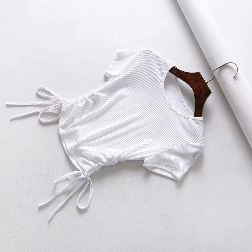 Drawstring V-Neck Slim Fit Women's Short Sleeve T-Shirt