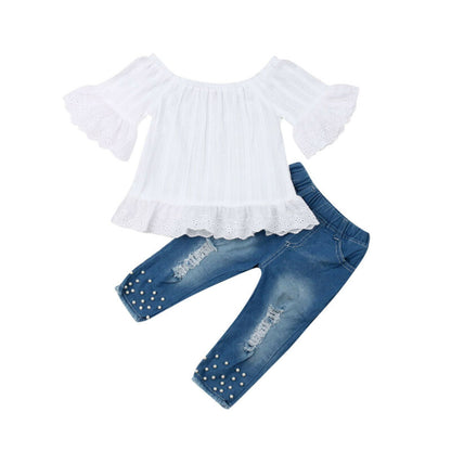 Girls' Ruffle Sleeve Off-Shoulder Top and Denim Pants