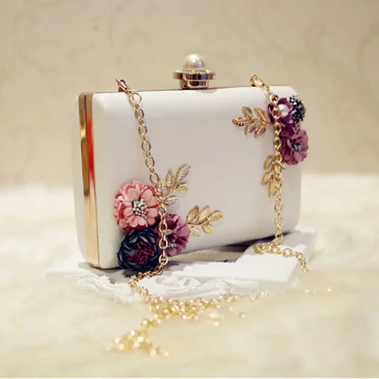 Women's Leather Evening Bag - Floral Clutch Purse