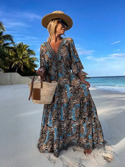 Bohemian Style V-Neck Floral Maxi Dress for Women