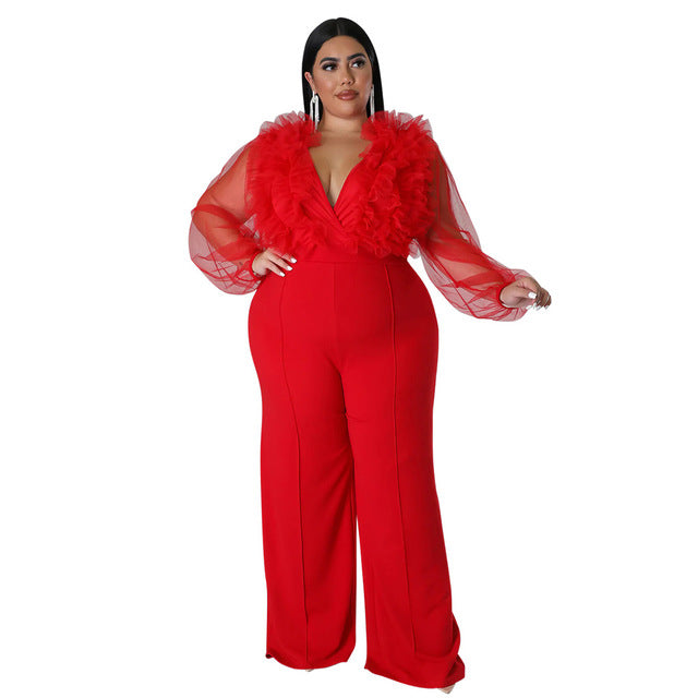 Plus Size Mesh Jumpsuit with Ruffles and Deep V Neck