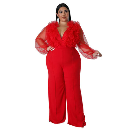 Plus Size Mesh Jumpsuit with Ruffles and Deep V Neck
