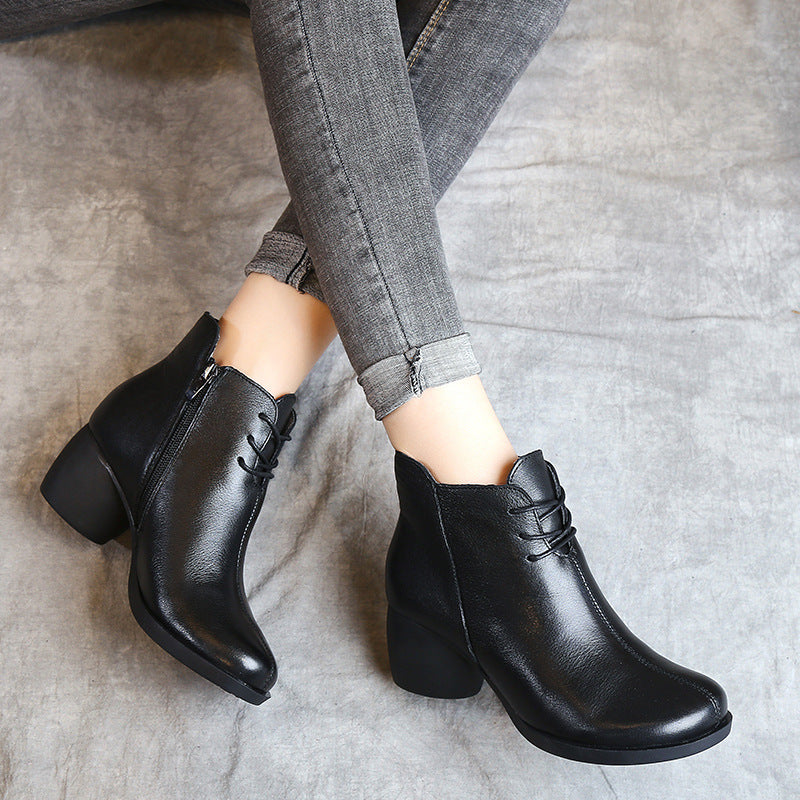 New Retro Leather High Heel Comfortable Women Boots