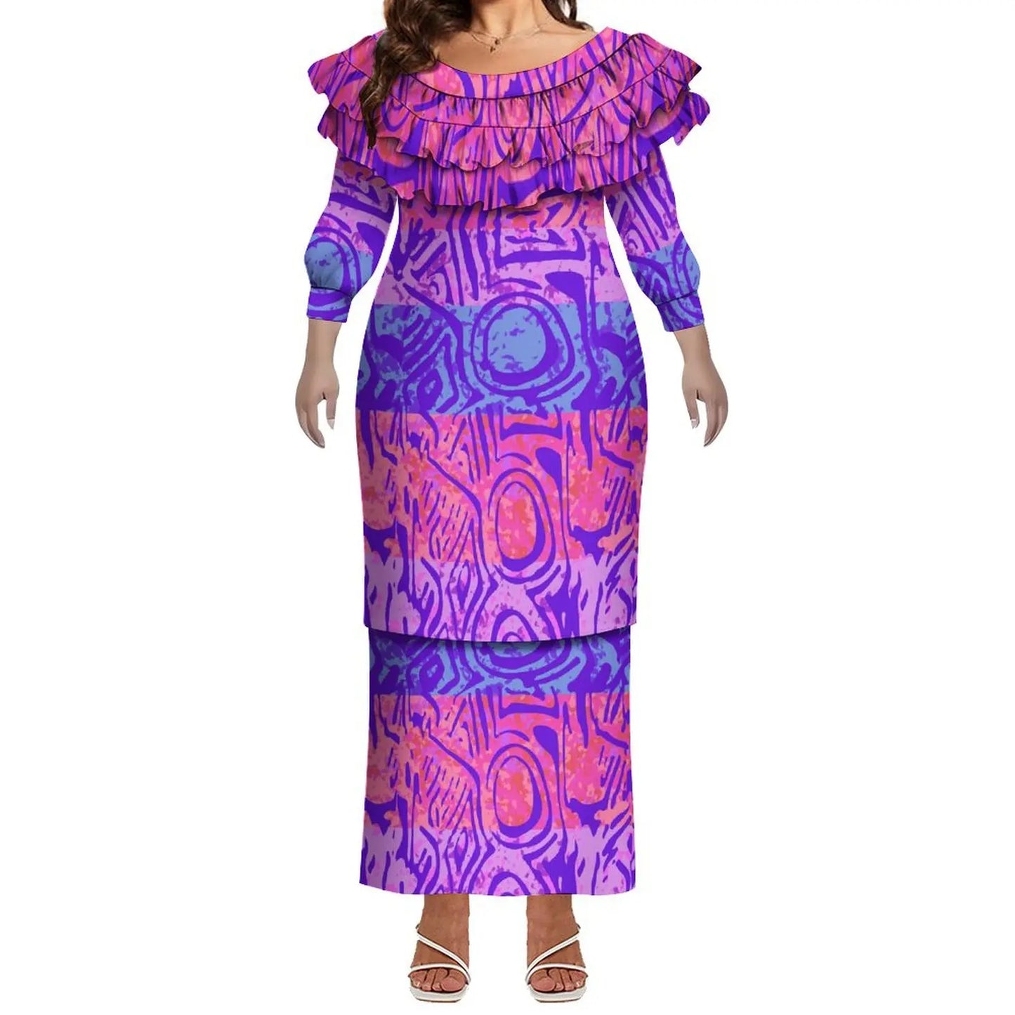 Plus Size Women Hawaiian Print Full Sleeve Long Dress