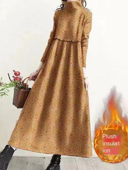 Retro Floral Turtleneck Dress for Women