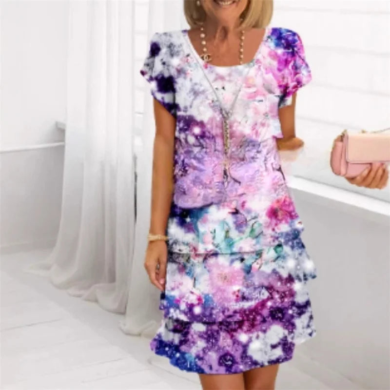 Chiffon Summer Short Sleeve O-Neck Print Loose Party Dresses