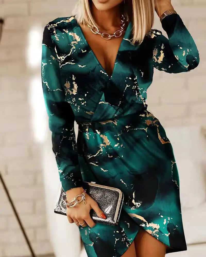 V-Neck Long Sleeve High Slit Printed T-Shirt Dress