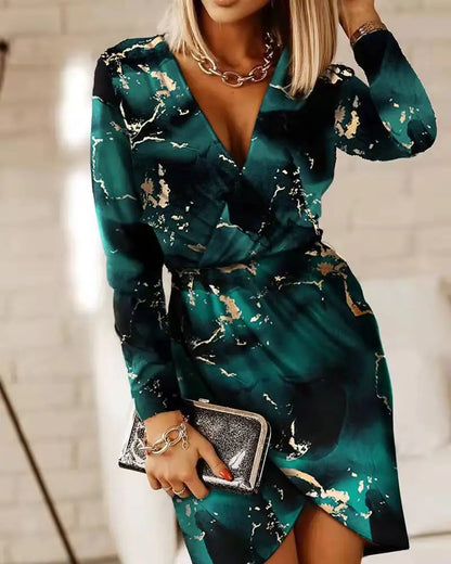 V-Neck Long Sleeve High Slit Printed T-Shirt Dress