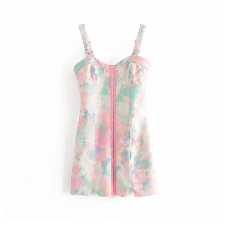 New Tie-Dye Hook-Front Bodycon Mini Dress with Straps