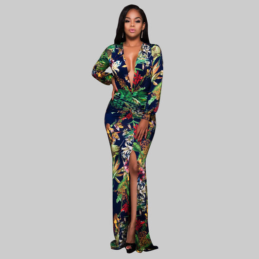 Floral V-Neck Split Maxi Dress