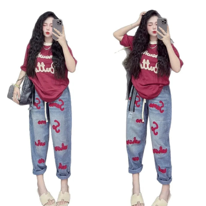 New Letter Printing Short-sleeved Milk Silk Wide-leg Pants Two-piece Set