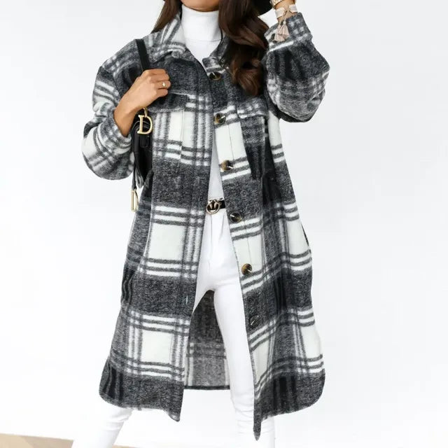 Women's Long Sleeve Wool Plaid Trench Coat for Fall