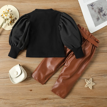 Fashionable Girls' Set with Puff Sleeve Top & Pants