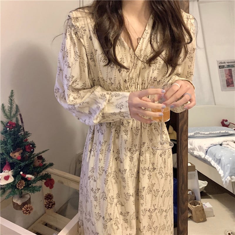 French Retro V-neck Floral Dress