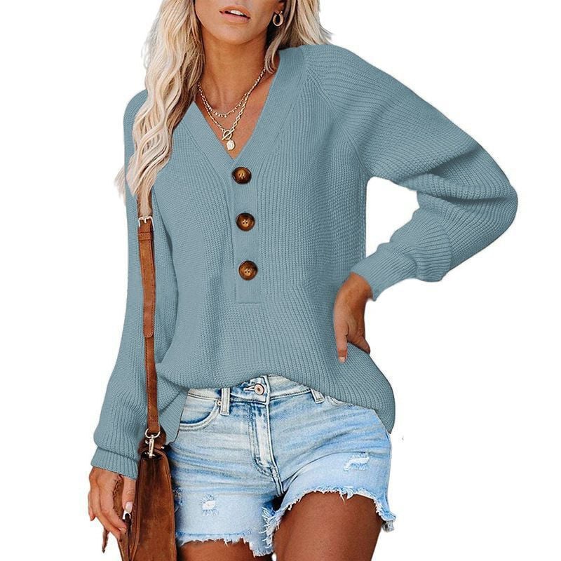 New Button Knitted V-Neck Sweater for Women